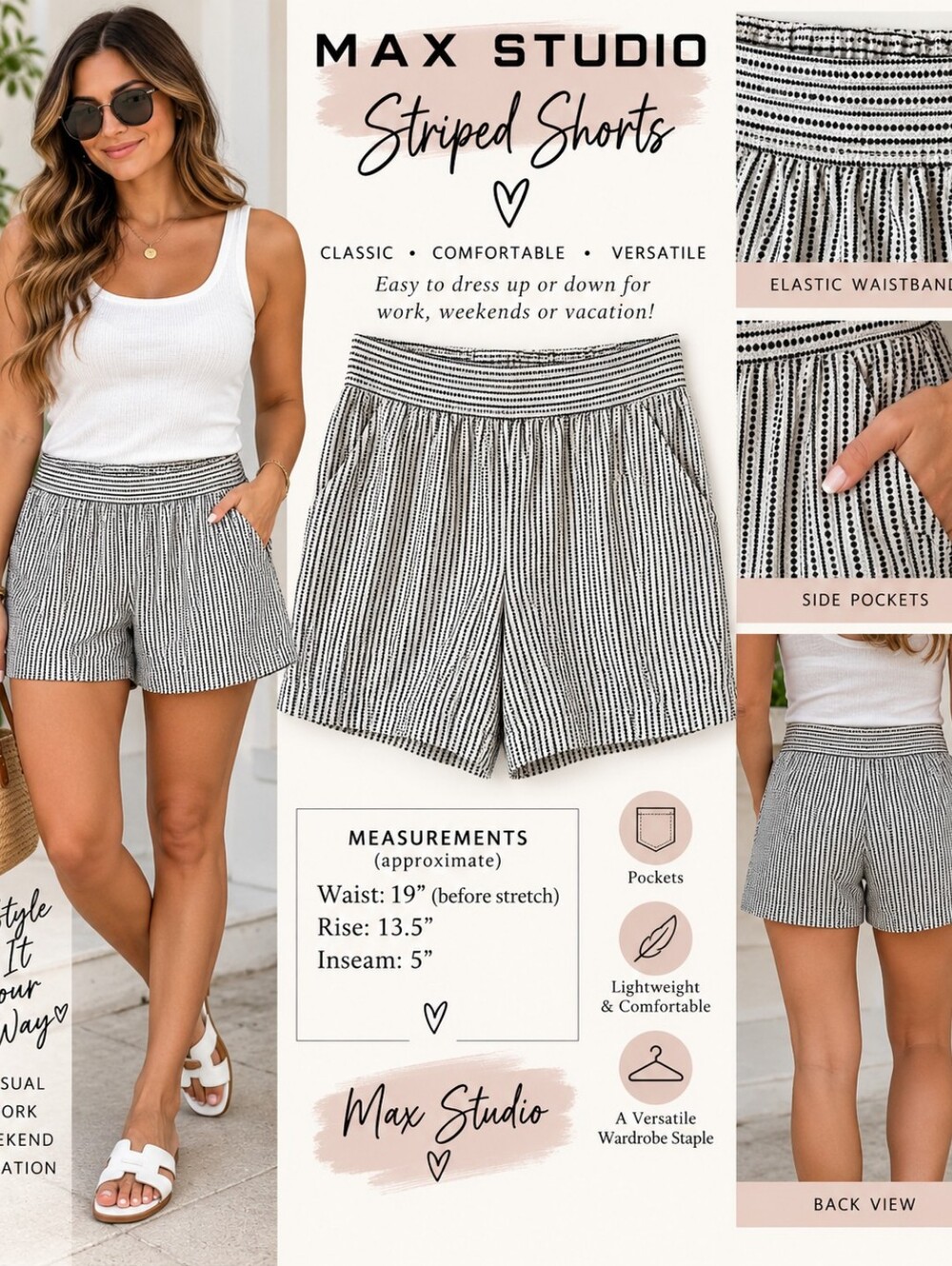 Max Studio Black & White Striped Bermuda Shorts